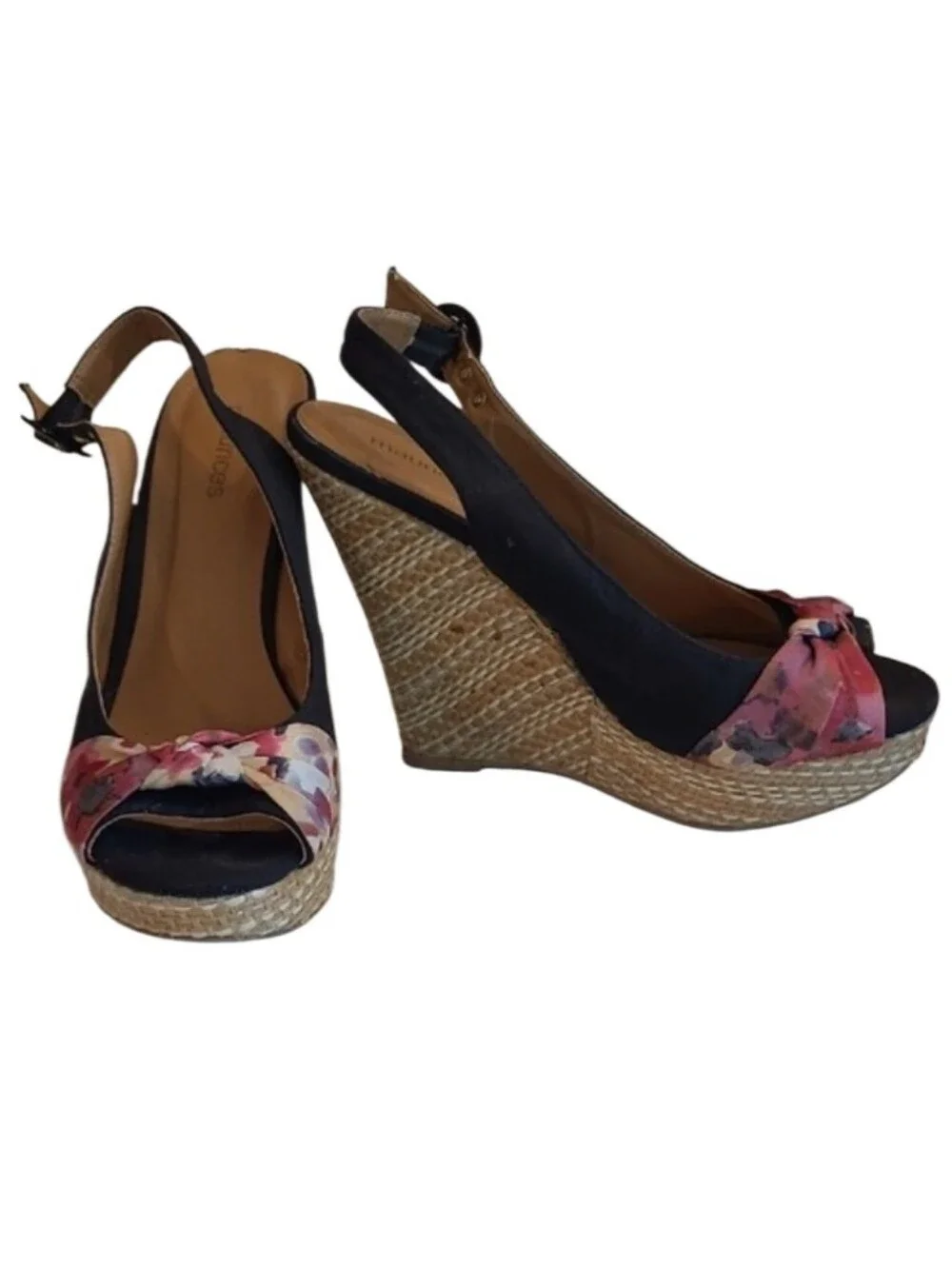 Maurices Wedge Sandals Pink Floral Knot Slingback Espadrille Peep Toe Weave Heel